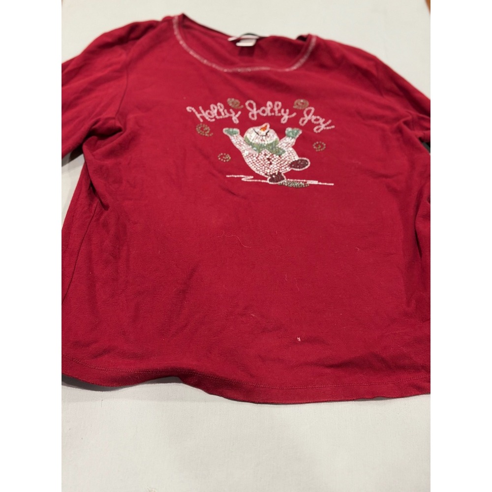 Christmas Womens Christopher & Banks Holiday Snowman Top Large Red